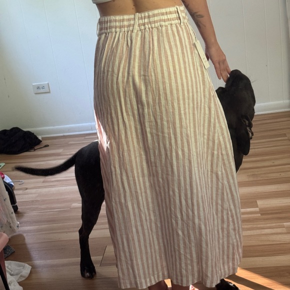 Striped Pink and White Linen Midi Women's Skirt - Picture 3 of 7